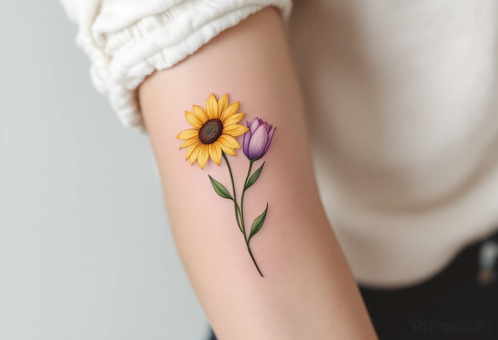Small yellow sunflowers with two simple stargazer Lilly in pale pink and pale purple tulip buds in a dainty wildflower bouquet with light green stems. No outlines on the flowers. Include feminine stem lines. tattoo idea