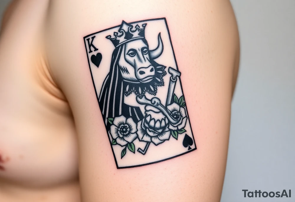 A king playing card with a highland cow, a small four leaf clover surround by roses and a small spanner on the card tattoo idea