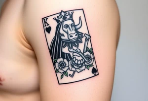 A king playing card with a highland cow, a small four leaf clover surround by roses and a small spanner on the card tattoo idea