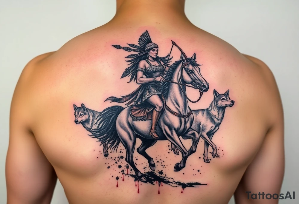 Native warrior women riding a horse with a strong bow and arrow, Surrounded by wolves & deer & blood splatter tattoo idea