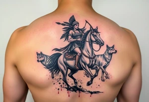 Native warrior women riding a horse with a strong bow and arrow, Surrounded by wolves & deer & blood splatter tattoo idea