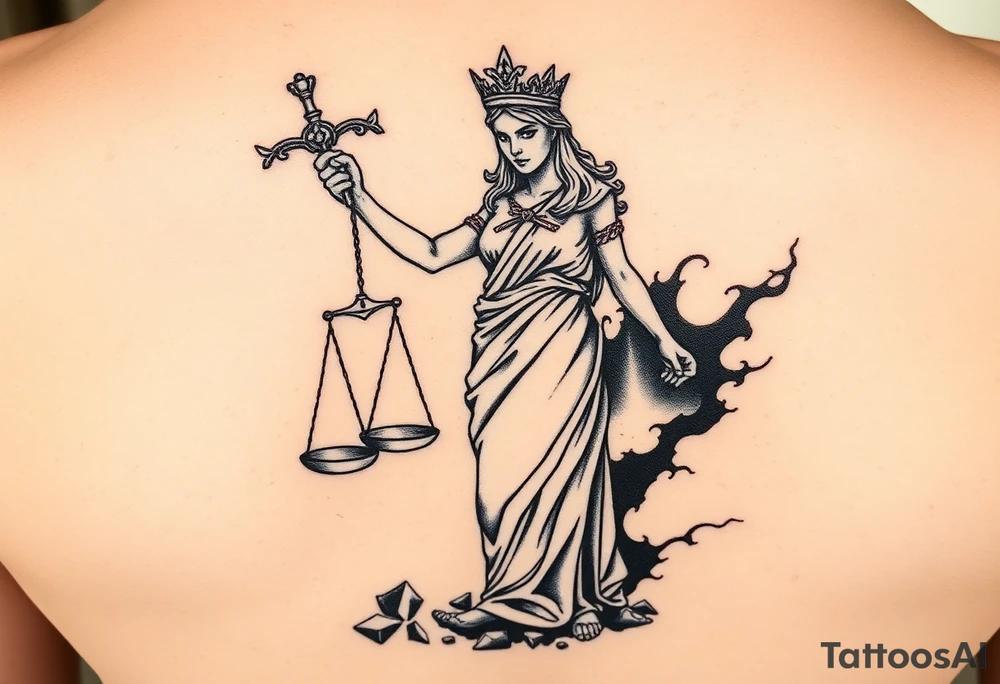 angry lady justice sword held high, broken scales under foot, sunlight shining on the darkness of injustice and corruption. ready to fight against the corruption of the system tattoo idea