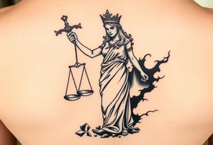 angry lady justice sword held high, broken scales under foot, sunlight shining on the darkness of injustice and corruption. ready to fight against the corruption of the system tattoo idea