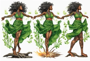 a tree trunk with roots that is a black woman from the waist up, feet made of tree roots, wearing a green tunic, arms stretched upwards towards the blazing sun tattoo idea