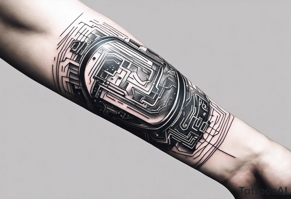 Located on the inner forearm. Simple tattoo Technology inspired with circuits. Incorporate two bolder lines that go fully around the arm. It should be minimalistic. tattoo idea