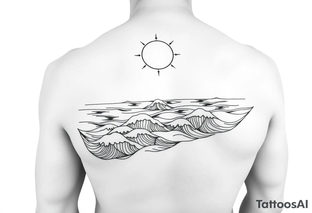 Wrap-around lower arm tattoo, black and white line art. Calm sea waves and horizon, sun or moon above with subtle Norse runes (Algiz, Raido). Balanced, elegant, marine and mythological. Clean outlines, high contrast, stencil-ready. tattoo idea