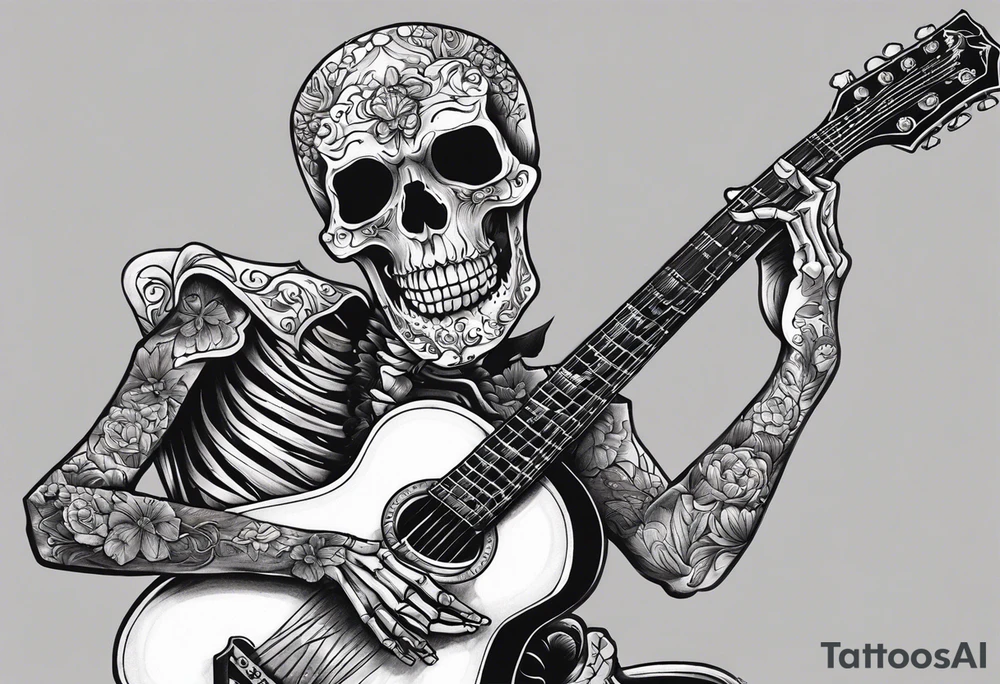 Skeleton playing guitar tattoo idea
