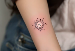 A celestial heart with a moon and stars, featuring a glowing silver letter "N" in the center, embodying a love written in the stars. tattoo idea