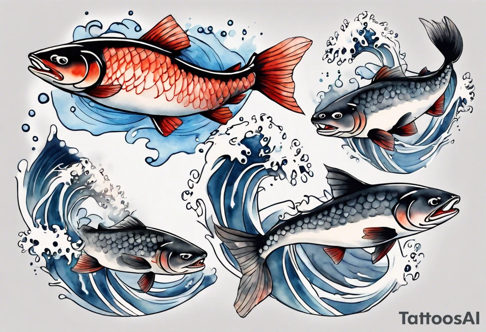 stylized Japanese salmon in grey water tattoo idea
