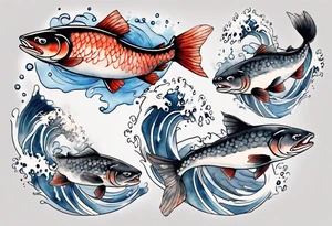 stylized Japanese salmon in grey water tattoo idea