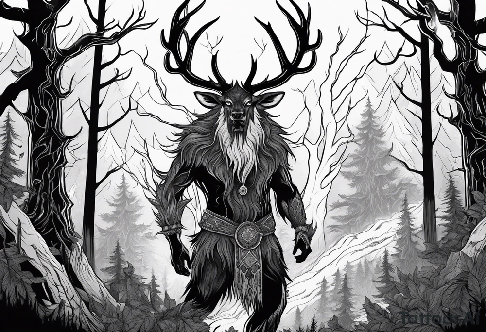 A SCARY lore accurate wendigo surrounded by a forest fire in background tattoo idea