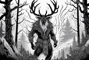 A SCARY lore accurate wendigo surrounded by a forest fire in background tattoo idea