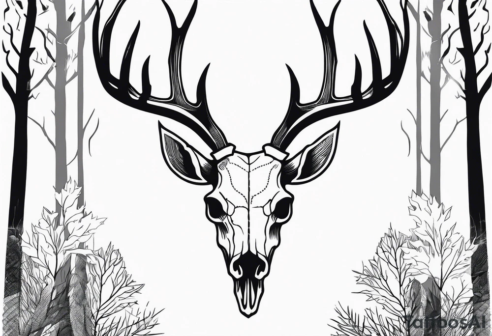 A side view of a dead deer skull surrounded by trees and fire tattoo idea