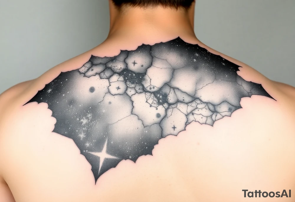 full milky way that covers the upper middle back and is geometric or negative space tattoo idea