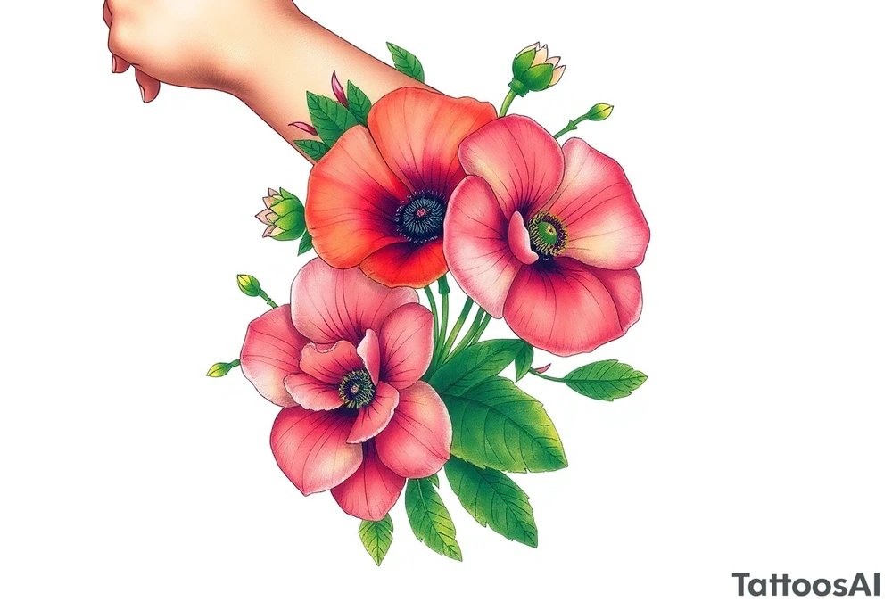 Fore arm tattoo in the neo american traditional style. I want to incorporate a few different flowers: Poppies, Morning Glory, Narcissus with green leaves in the background tattoo idea