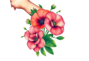 Fore arm tattoo in the neo american traditional style. I want to incorporate a few different flowers: Poppies, Morning Glory, Narcissus with green leaves in the background tattoo idea