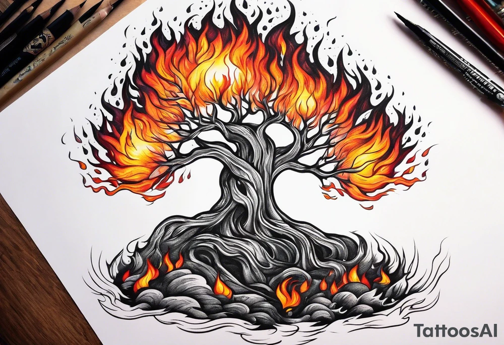 enormous old tree engulfed in flames of fire tattoo idea