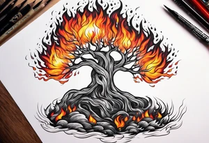 enormous old tree engulfed in flames of fire tattoo idea
