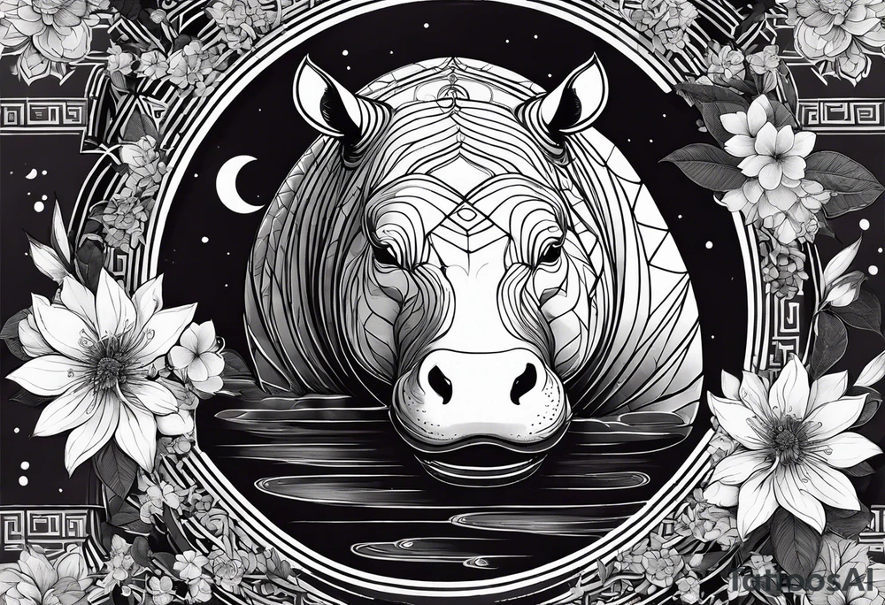Very asymmetrical, +geometric pattern, with realistic full moon, with seeious looking hippo, +zen feel, + Buddhism touch,
with wintersweet flower bud, +portrait orientation, +inkart touch, tattoo idea