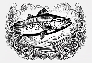 A small tattoo featuring a lovestruck trout as the main theme, drawn without lines, using only color combinations. tattoo idea