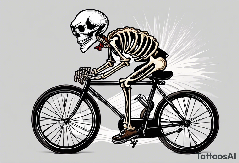 Lifelike skeleton wearing licra and cap rides a road bicycle. The skeleton is grinning at the viewer and holding a cookie in its left hand tattoo idea