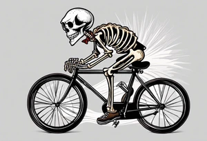 Lifelike skeleton wearing licra and cap rides a road bicycle. The skeleton is grinning at the viewer and holding a cookie in its left hand tattoo idea