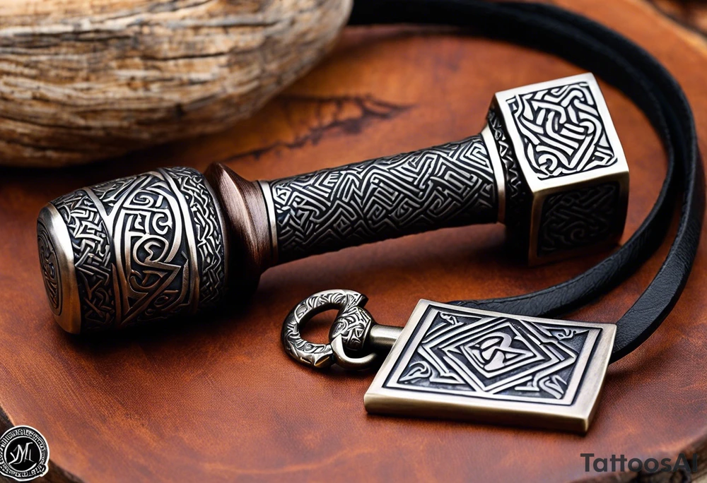 Design a powerful hammer tattoo inspired by Thor's Mjolnir. The hammer should have intricate Norse patterns carved into its head, symbolizing strength and protection. Lightning bolts should surround the hammer, emphasizing its connection to thunder and power. The handle can be wrapped in leather-like textures for a rugged feel, with runes etched along its length to add an authentic Viking touch. The overall style should blend realism with a slight fantasy vibe, highlighting the mystical aura of Thor’s weapon tattoo idea