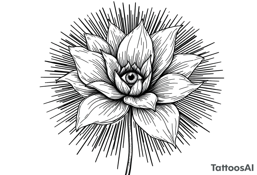 A long flower with stalk and with the centre being an eye and around the petals having black sunrays tattoo idea