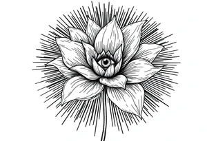 A long flower with stalk and with the centre being an eye and around the petals having black sunrays tattoo idea