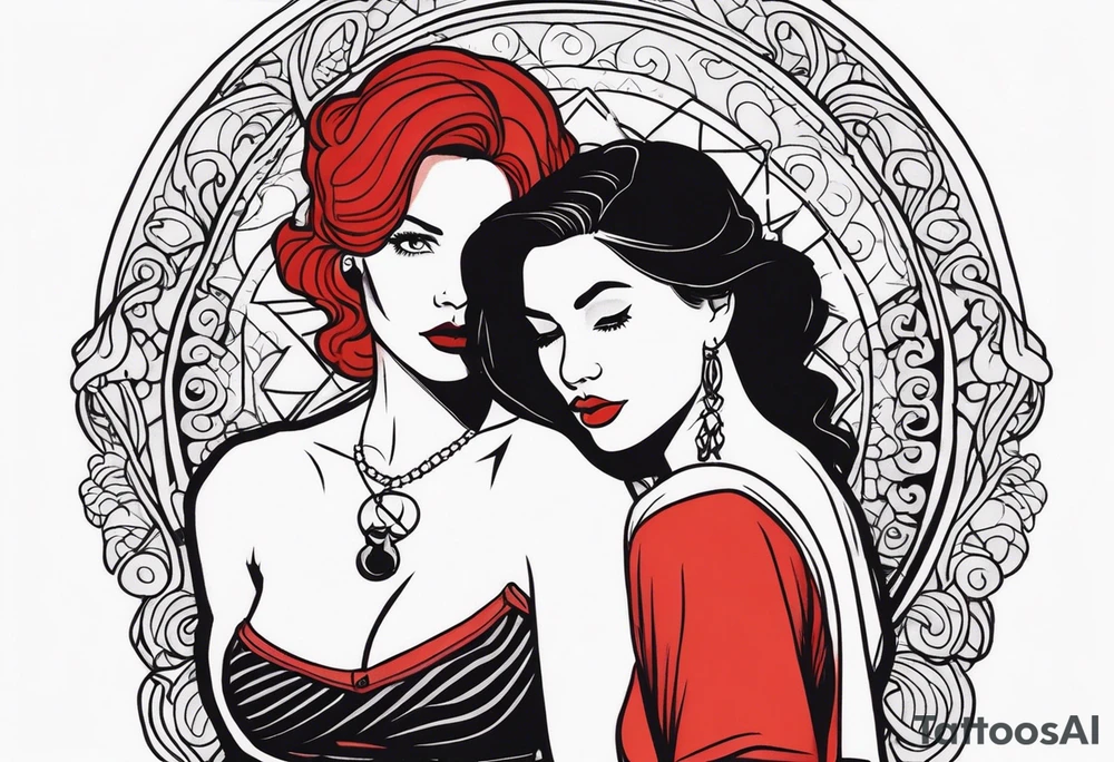 Busty Red haired woman with black haired bearded man tattoo idea