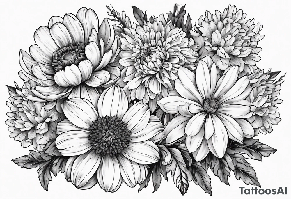 A stemless marigold, chrysanthemum, and 
narcissus tattoo idea