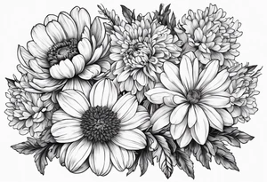 A stemless marigold, chrysanthemum, and 
narcissus tattoo idea