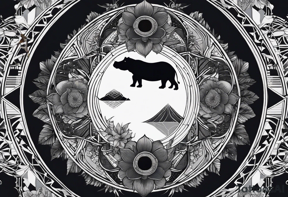 Very asymmetrical, +geometric pattern, with realistic full moon, with hippo,+tribal, +geometric, +inkart , +blackwork, +grey scale, + sketch
with wintersweet flower bud, +inkart touch, +for men, detailed , combined favourite , tattoo idea