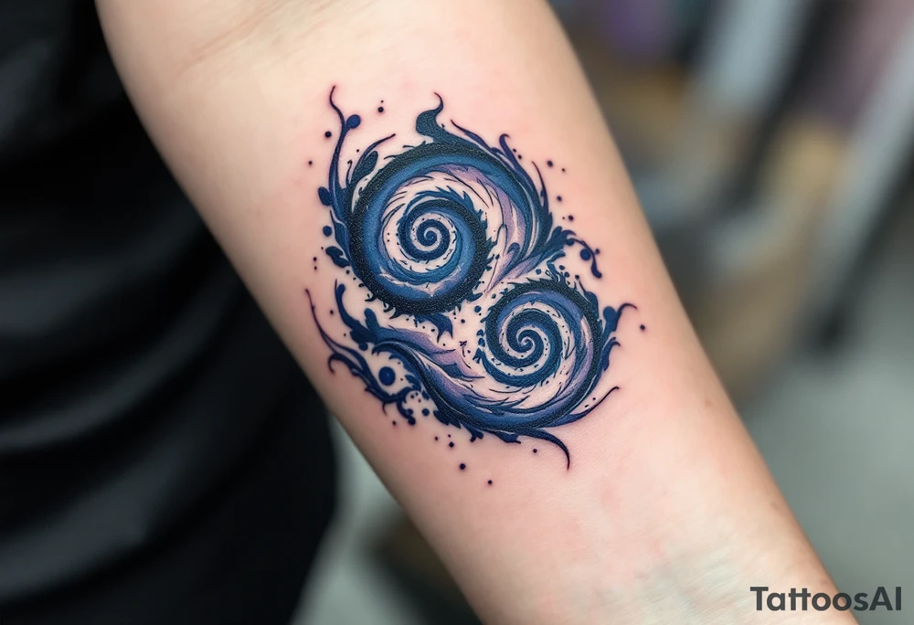 A swirling three triskelion spirals, hypnotic design in black and deep indigo, creating a sense of movement and energy, resembling a cosmic portal. tattoo idea