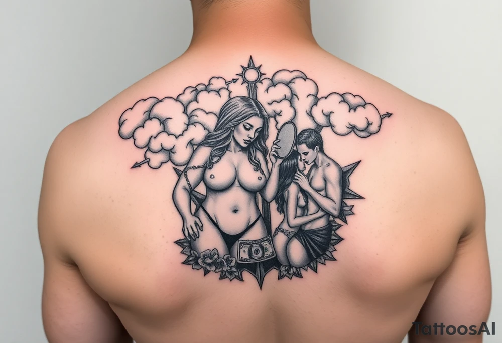 Storm clouds with a fat naked woman and drugs and money and mirror and sexy naked couple lustful with tattoo idea
