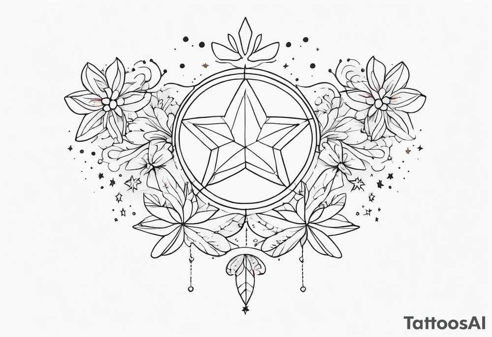 fine line with stars, floral, dots. Sternum tattoo tattoo idea
