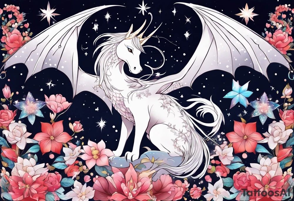 Constellation, wing , snow , cross , dragon female japan kawaii , flower tattoo idea