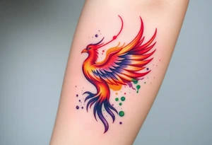 Phoenix with blazing flames with purple and green splashes with ash falling from its tail tattoo idea