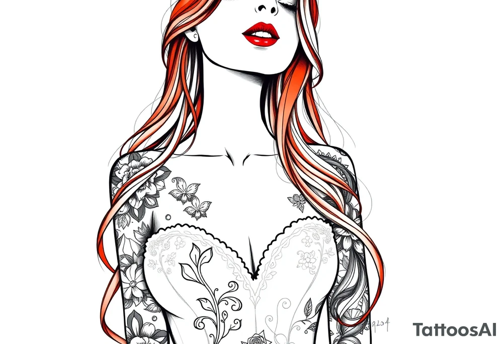 Woman with long red hair and red lipstick with lots of tattoos in her wedding dress tattoo idea