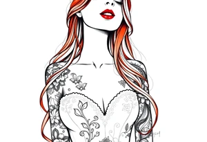 Woman with long red hair and red lipstick with lots of tattoos in her wedding dress tattoo idea