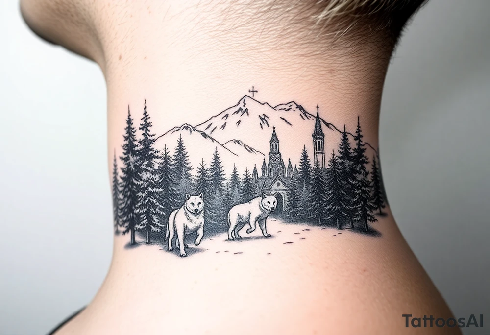 Nature/Landscape

Wolves in a pine forest (extending the tree line you already have)
A Russian bear emerging from the treeline
Snow-capped mountains behind the church scene tattoo idea