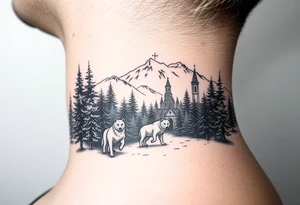 Nature/Landscape

Wolves in a pine forest (extending the tree line you already have)
A Russian bear emerging from the treeline
Snow-capped mountains behind the church scene tattoo idea
