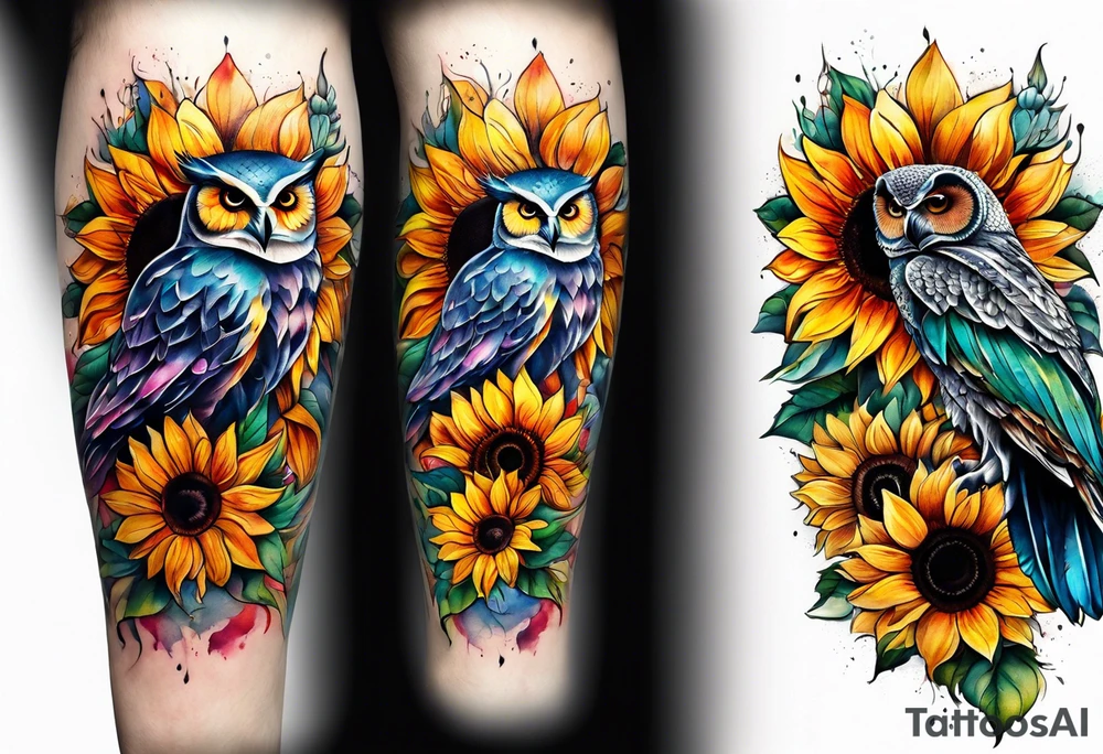 Leg sleeve with colorful sunflowers and an owl tattoo idea