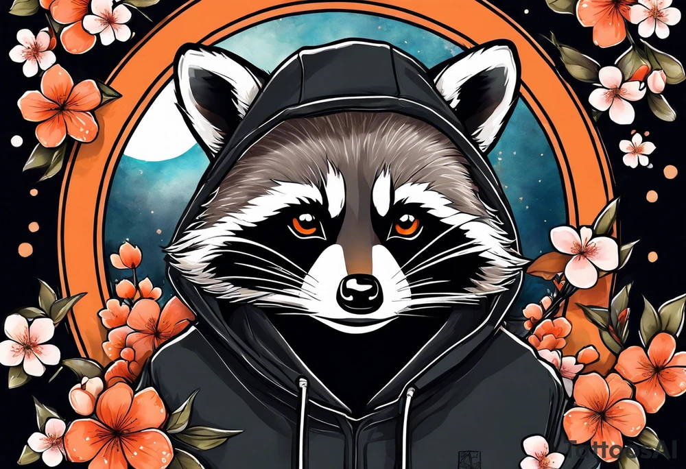 Raccoon wearing a white Superman logo on a black hoodie and orange Japanese cherry blossoms beside tattoo idea