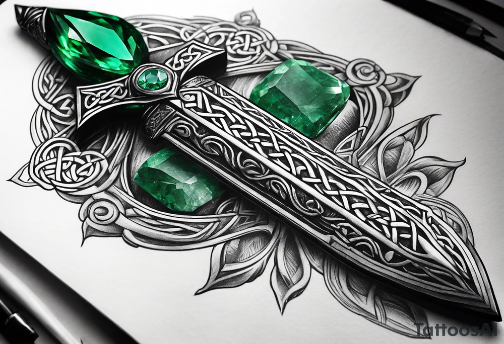 A Celtic athame dagger with the hilt turned upward and an emerald gemstone on the hilt not on the blade tattoo idea