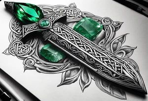 A Celtic athame dagger with the hilt turned upward and an emerald gemstone on the hilt not on the blade tattoo idea