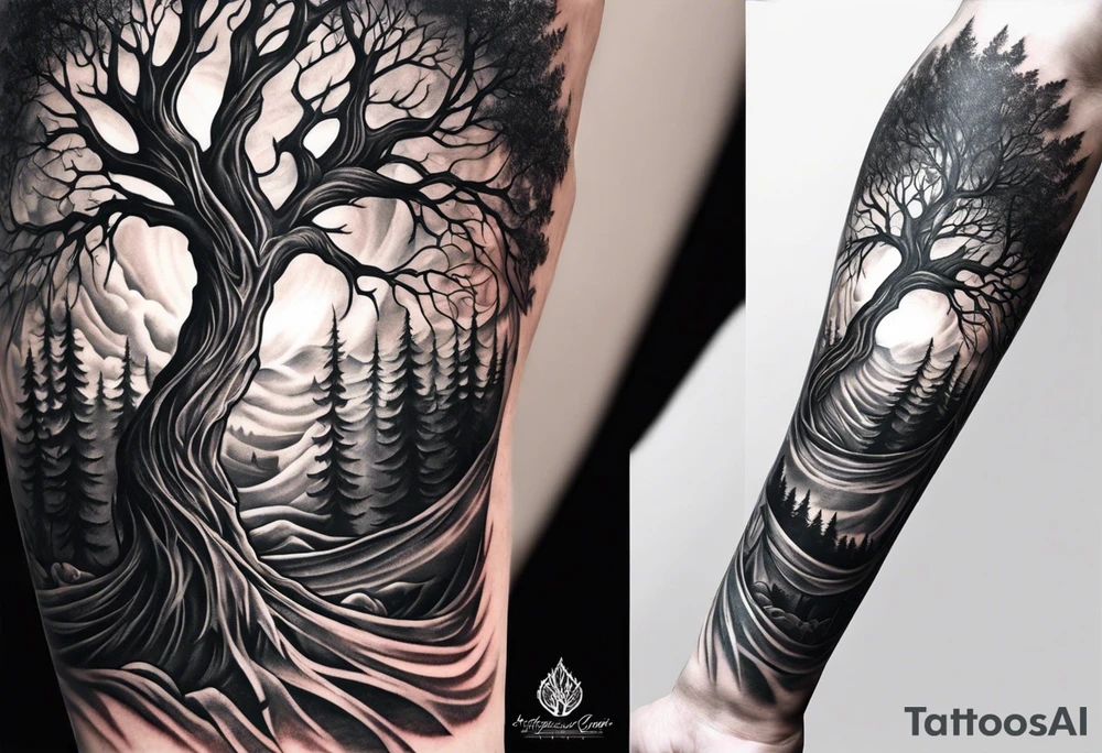 A forearm tattoo portraying a tree progressing from death to life tattoo idea