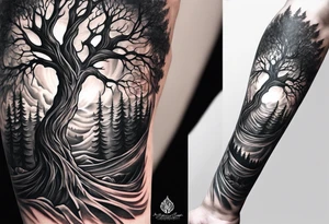 A forearm tattoo portraying a tree progressing from death to life tattoo idea