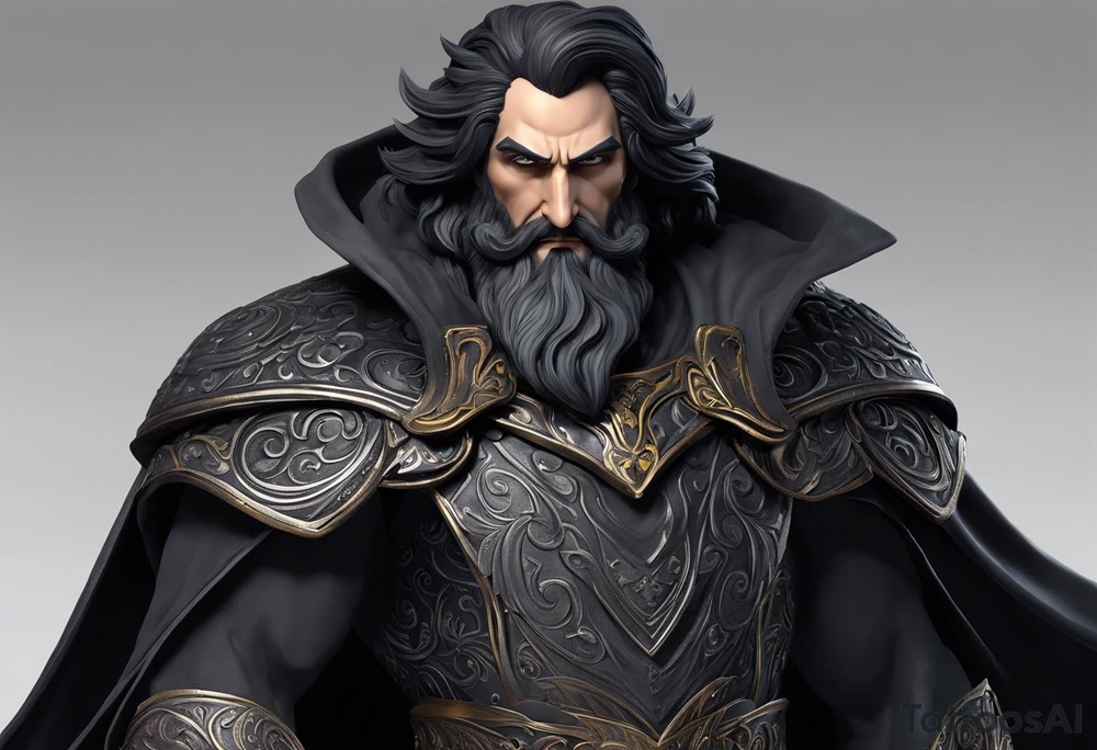 Hadès is depicted with a commanding presence, his features carefully detailed to reflect his dark and enigmatic nature. His face is stern, with deep-set eyes that exude an aura of authority and mystery. His dark, shoulder-length hair and beard are rendered with meticulous shading, adding texture and depth. He wears a regal but somber cloak, which is intricately detailed with realistic folds and shadows, emphasizing his status as the ruler of the underworld. In one hand, he holds a bident, a two-pronged staff symbolizing his power over the dead. The bident is rendered with fine detail, including ornate designs along its handle. The background is kept minimalistic to ensure the focus remains on Hadès himself. The tattoo highlights realistic textures and shadows, bringing out the god’s formidable and brooding presence. The overall effect captures the essence of Hadès as a powerful and revered deity of the Greek pantheon. tattoo idea