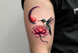 A hummingbird drinking from a lotus flower with one wing made of light (sun disc) and the other made of shadow (crescent moon) (red and black only) tattoo idea